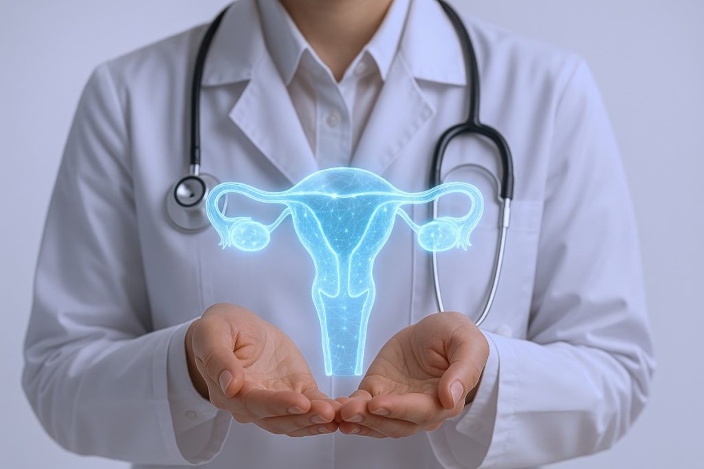 Doctor Holding Holographic Projection of Uterus