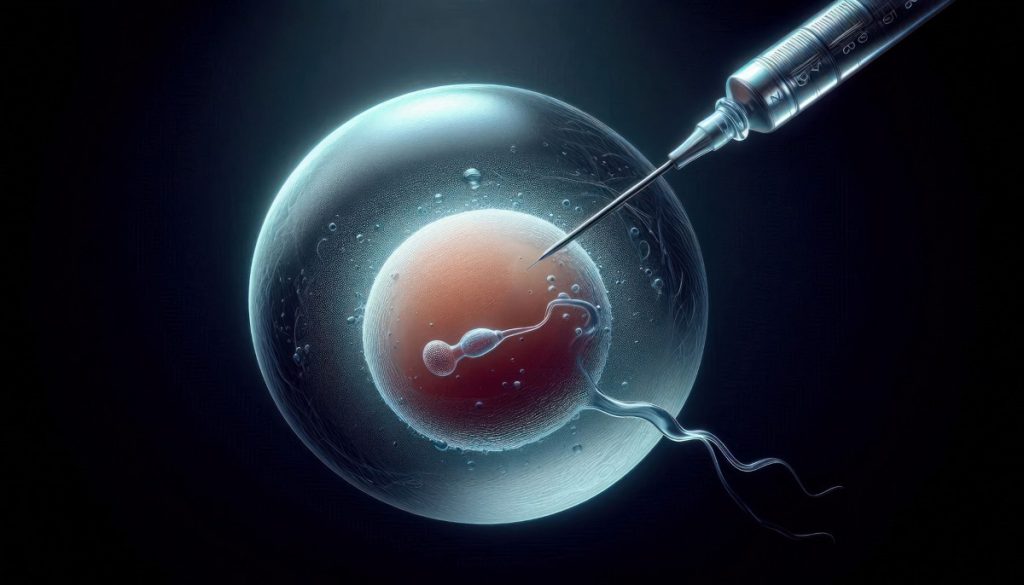 closeup of a human egg being injected with a single sperm using a fine glass needle IVF medical procedure