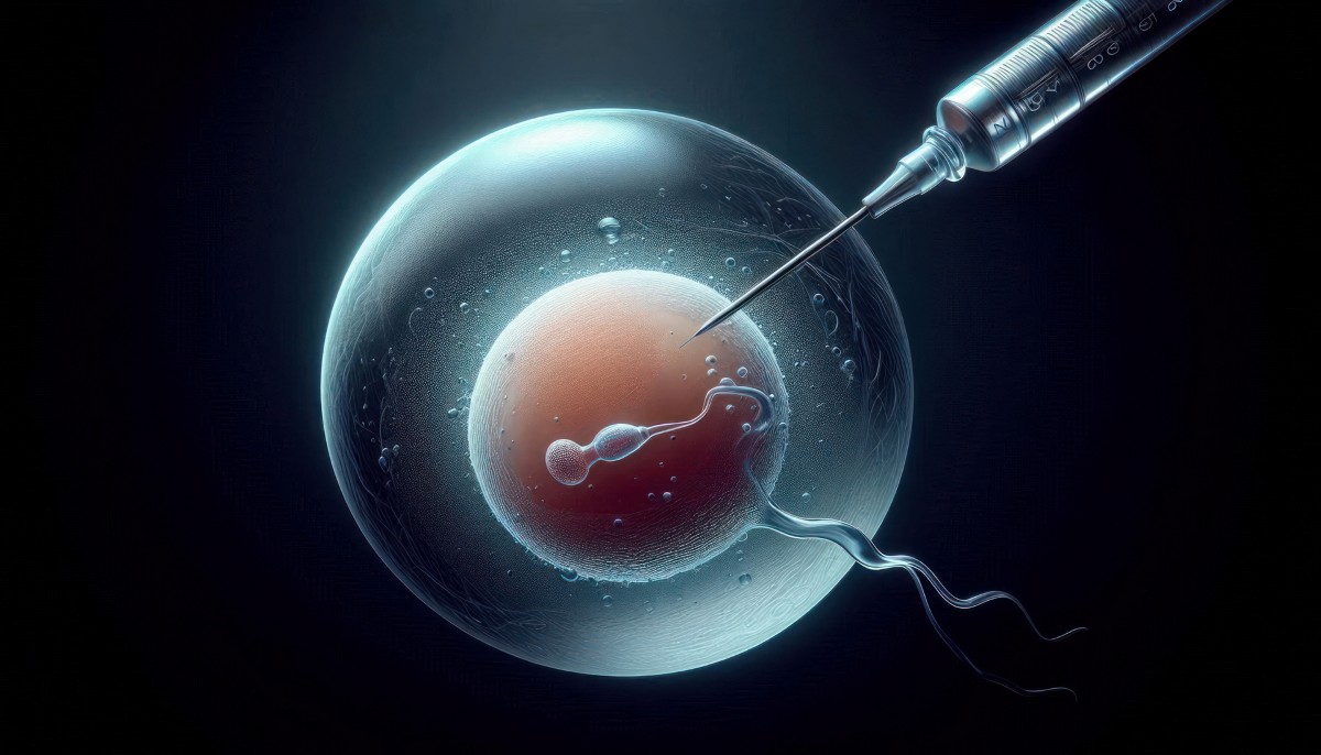 closeup of a human egg being injected with a single sperm using a fine glass needle IVF medical procedure