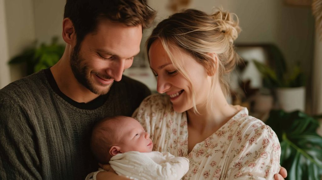 New parents joyfully bond with their newborn