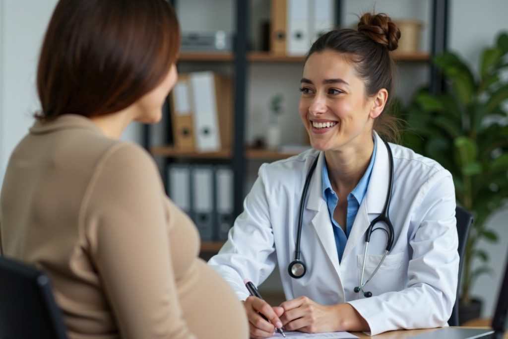 woman doctor and pregnant woman talking at clinic