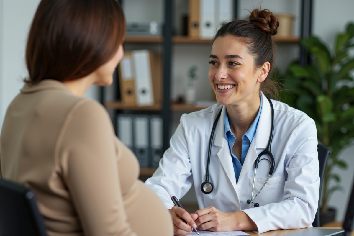 woman doctor and pregnant woman talking at clinic