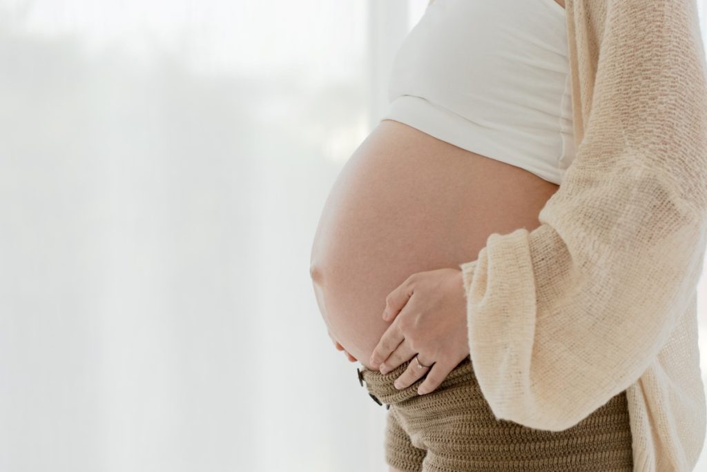  Portrait of Pregnant Woman Touching Belly and Standing by Window