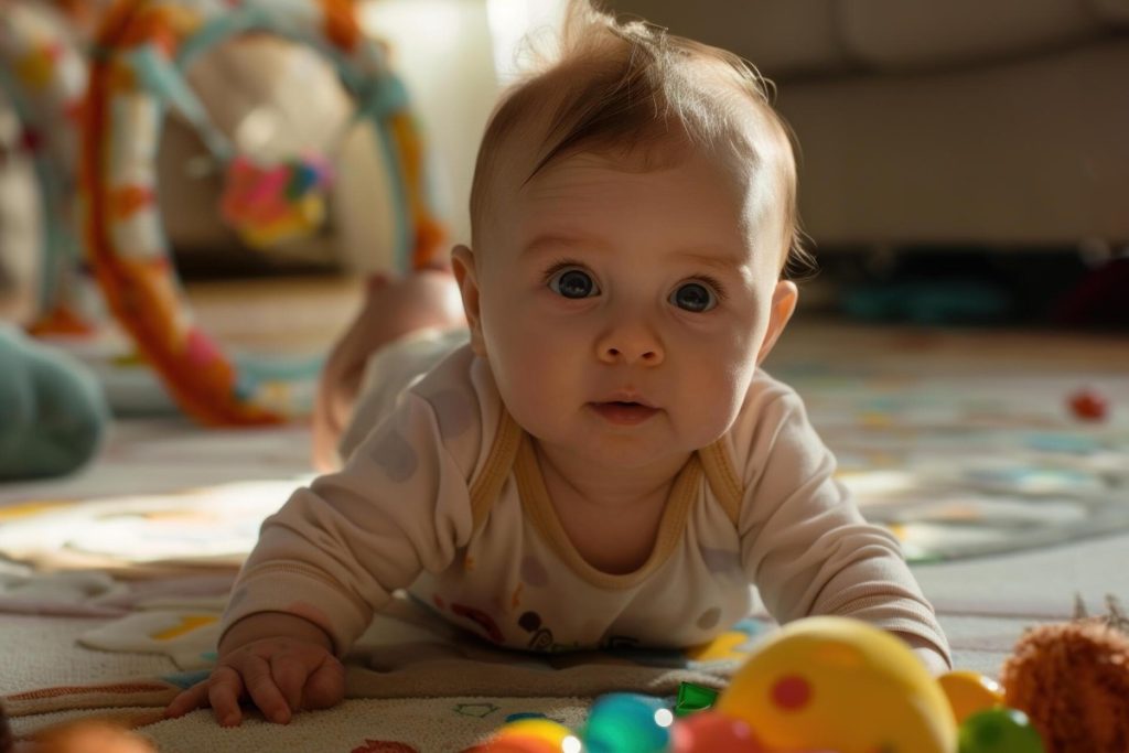 Adorable baby playing on the floor at home