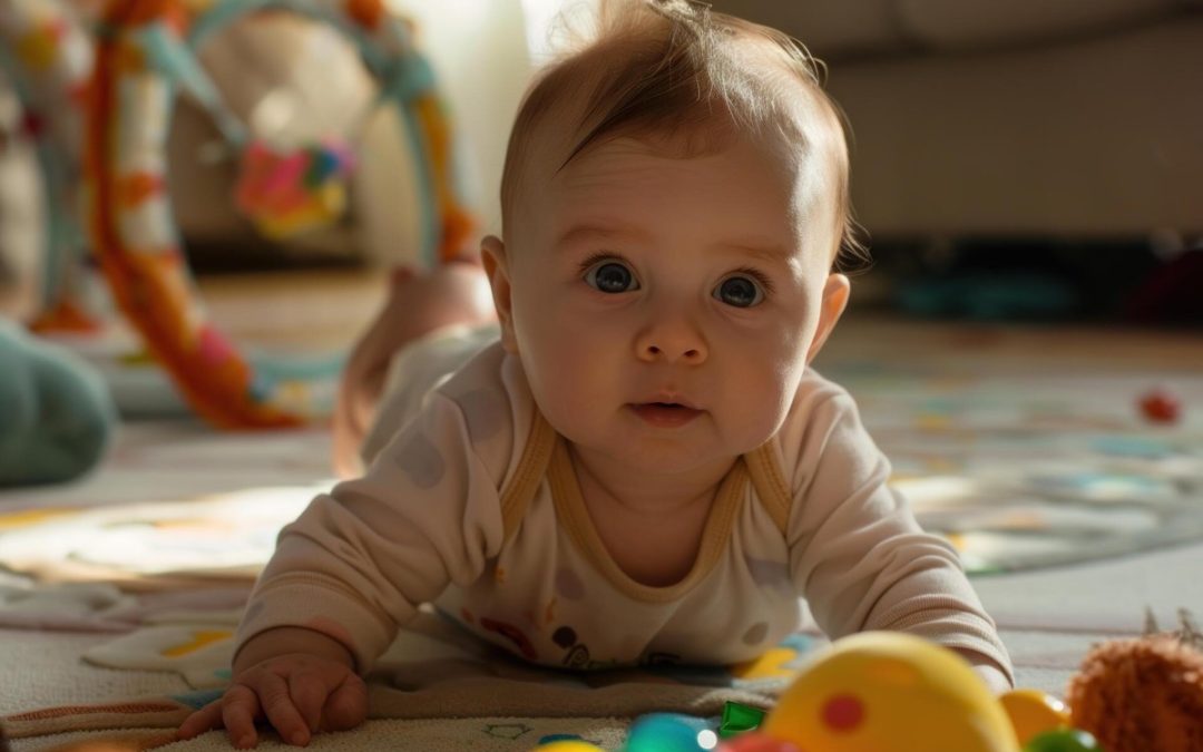 Adorable baby playing on the floor at home