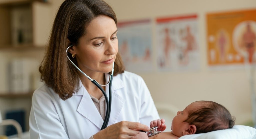 doctor using stethoscope to examine newborn