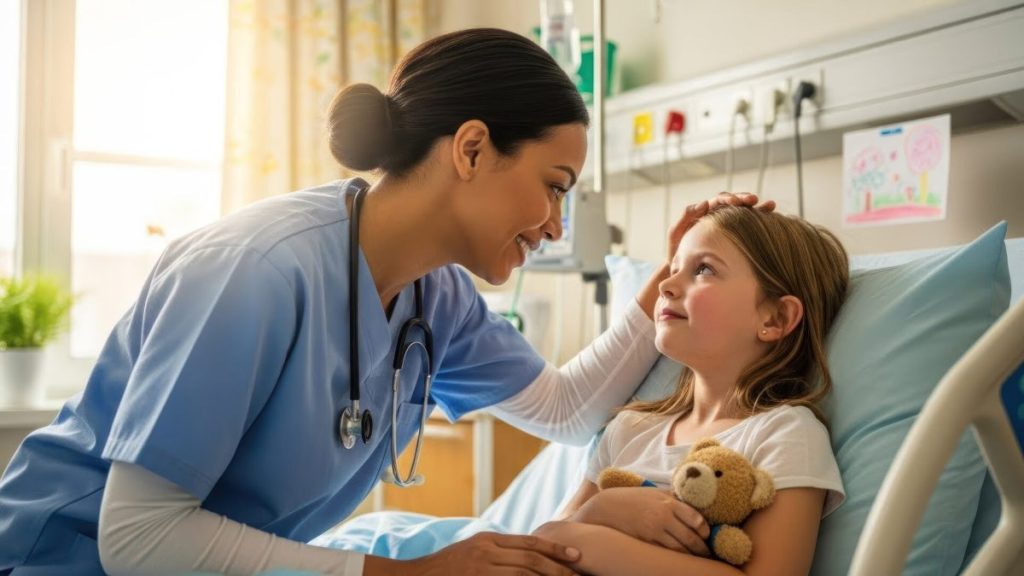 A nurse talking to a little girl in a hospital bed