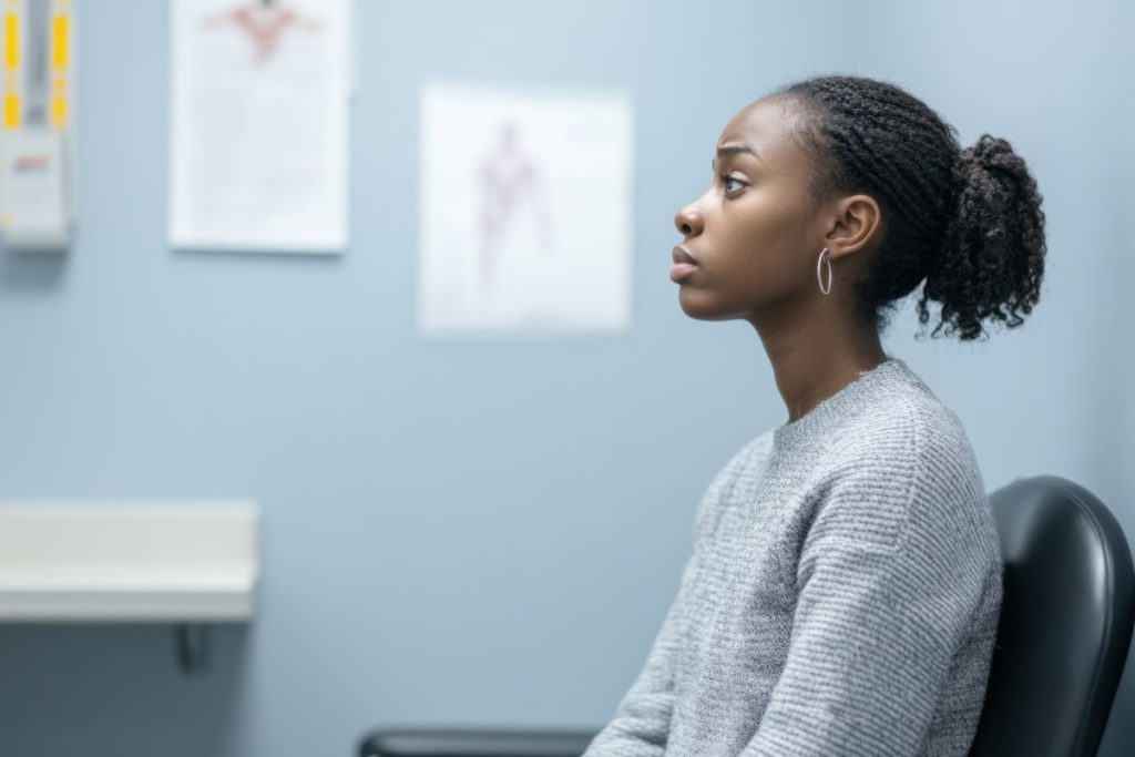 woman anxiously waiting in a doctors office for her health appointment