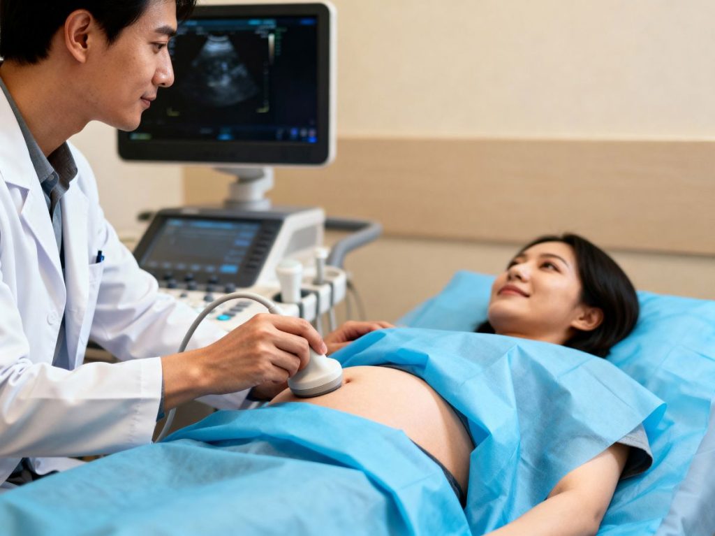 Health professional conducts ultrasound examination to monitor pregnancy progress