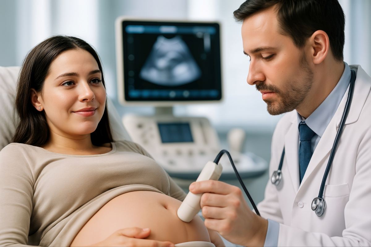Doctor Monitors Pregnant Woman's Belly Using Ultrasound Equipment in a Bright Medical Office Setting During a Prenatal Checkup