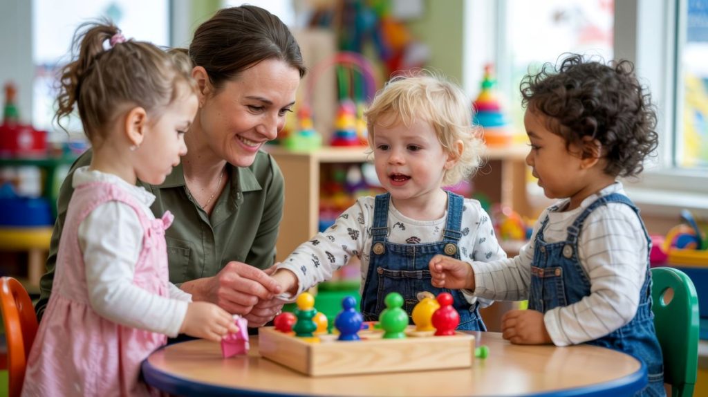 teacher with children learning colors and shapes