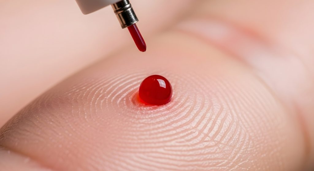Macro Close up of Blood Drop from Finger for blood testing