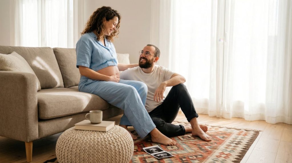 Joyful expecting couple sharing a tender moment in their bright living room