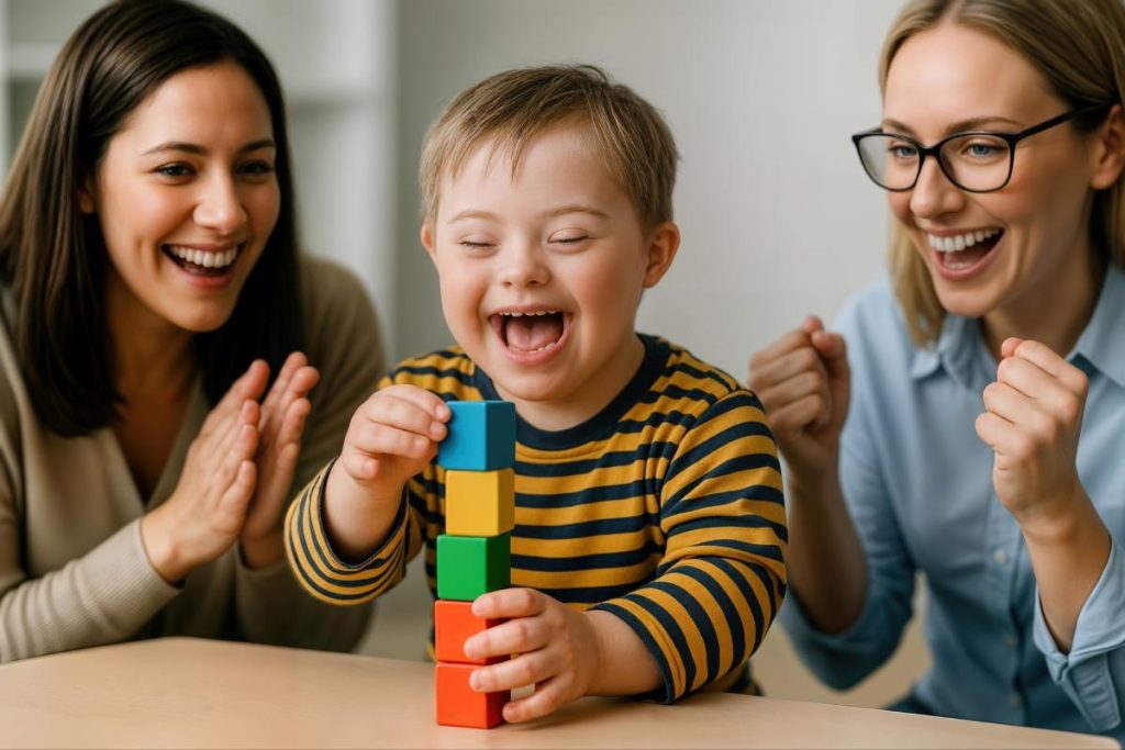 A Child Celebrates Building a Tower Out of Colorful Blocks Indoors with Two Women