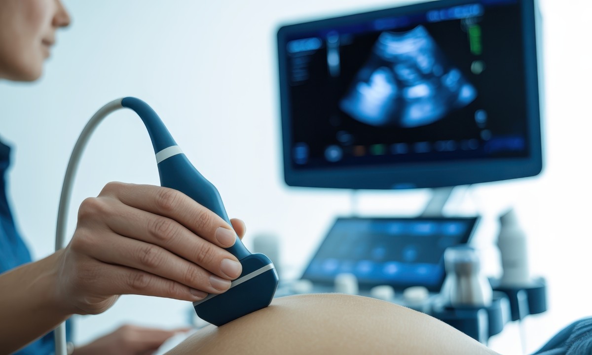 Medical professional performing ultrasound examination on pregnant woman with advanced equipment