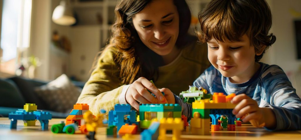 Mother and child playing with building block toys