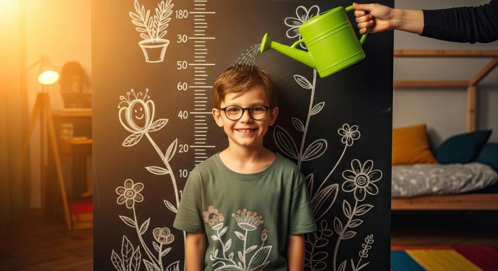Happy Boy Getting Watered Like a Plant by Watering Can Near Growth Chart Symbolizing Growth and Development