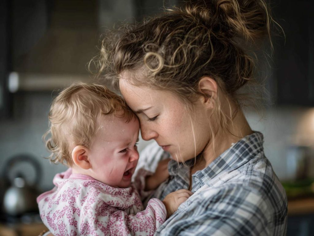 sad young mother with baby in her arms, difficulties of motherhood