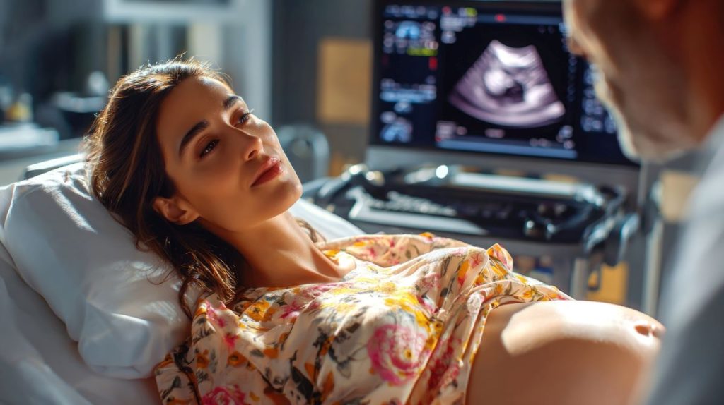 A pregnant woman is lying in bed with a doctor