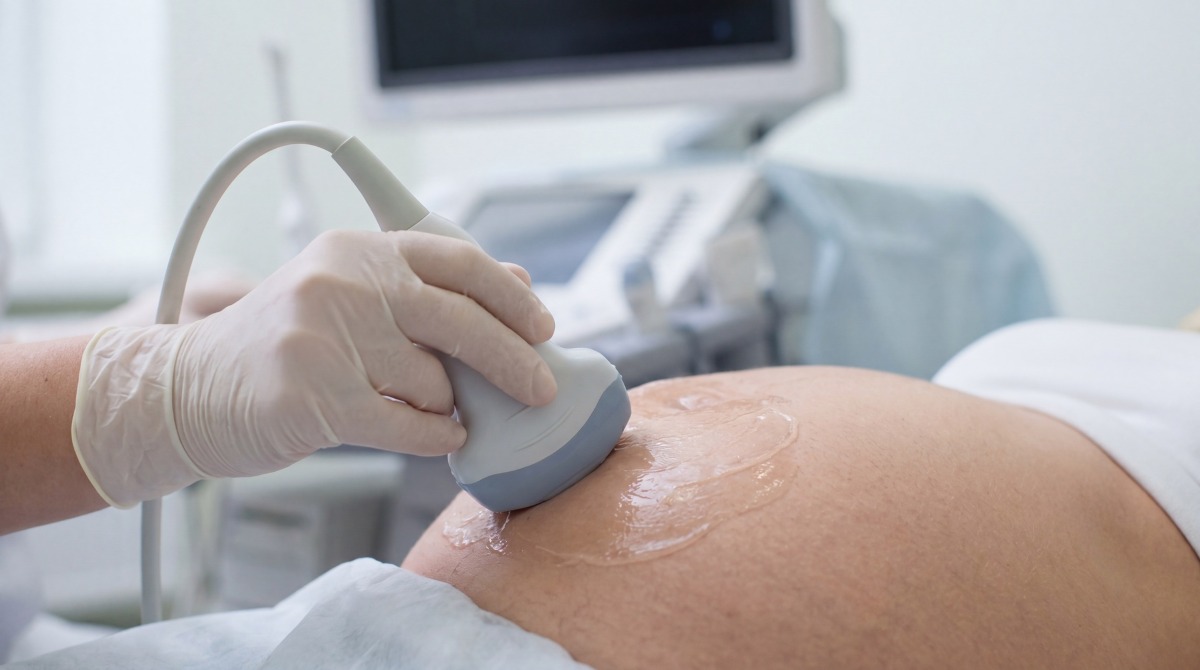 Medical professional performing ultrasound examination on pregnant woman's abdomen