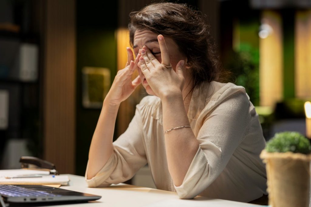 Drained restless woman going into mental haze