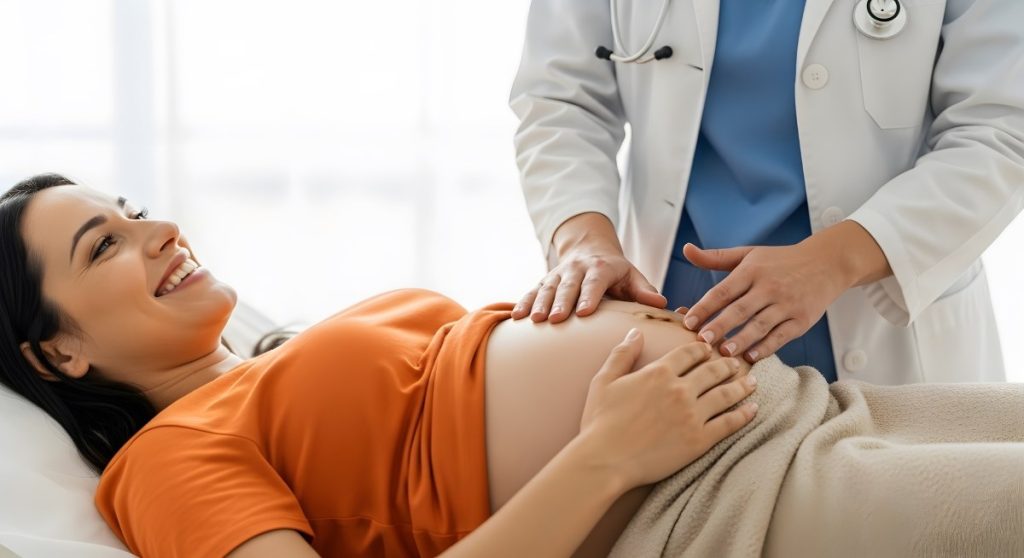 A pregnant woman is being examined by a doctor